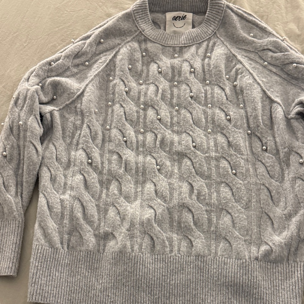 Aerie Light Gray Cable Knit Crewneck Sweater